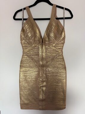 Herve Leger Gold Metallic Bandage Mini Dress